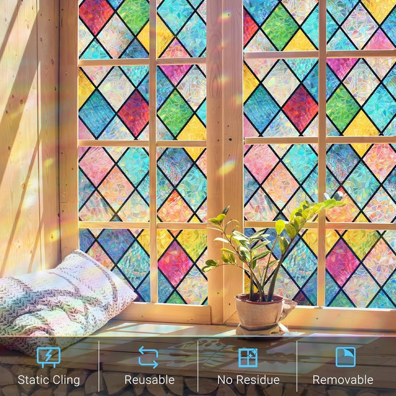 Haton Stained Glass Window Film, Rainbow Window Privacy Film, Decorative Sun Blocking Glass Clings Stickers, Static Cling Colorful Lattice Coverings Decals for Home Door 23.6" x 118.1" - Image 4